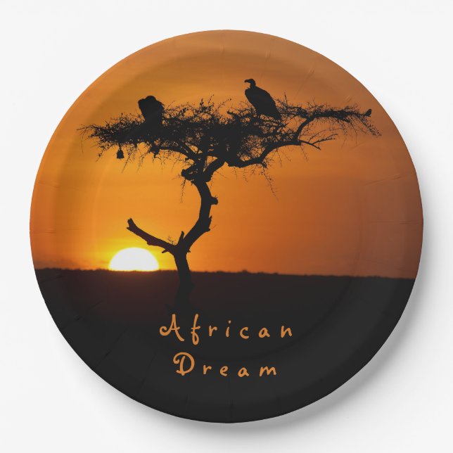 Assiettes En Carton Coucher de soleil de rêve africain photo romantiqu (Devant)
