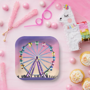 Assiettes En Carton Coucher de soleil Ferris Wheel   Belle aquarelle