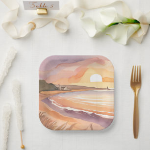 Assiettes En Carton Coucher de soleil sur la plage aquarelle   Belle p