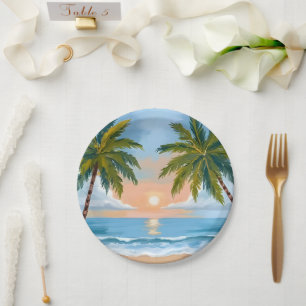Assiettes En Carton Coucher de soleil sur un palmier   Mariage tropica