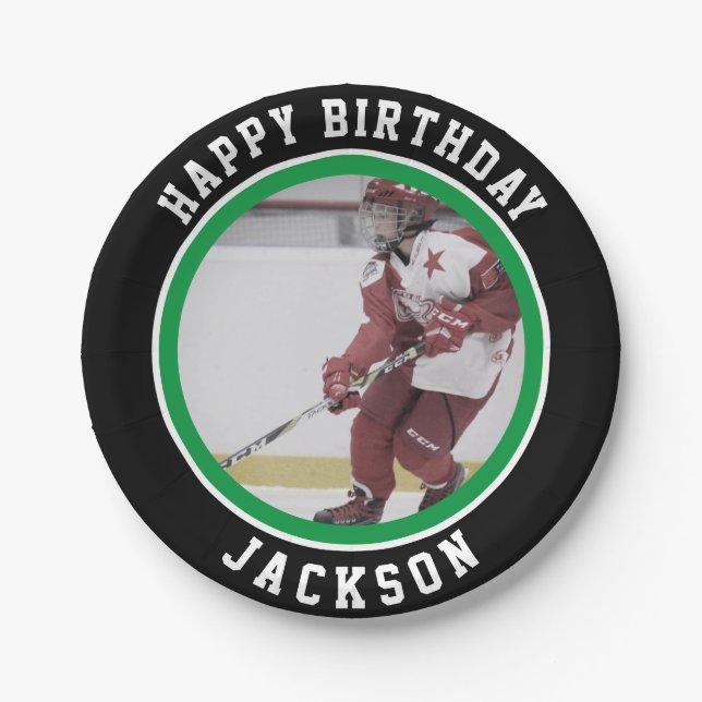 Assiettes En Carton Couleur d'équipe blanche verte| Ice Hockey Party (Devant)