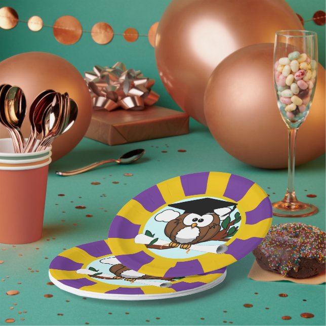 Assiettes En Carton Couleurs de l'école de hibou Rouge et or Graduatio (Multi)