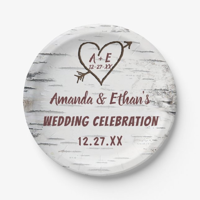 Assiettes En Carton Country Birch Tree Bark Heart Flèche Mariage rusti (Devant)