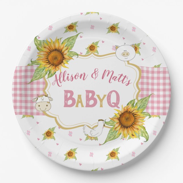 Assiettes En Carton Country Tournesol rose En vichy bébé Q Barbeque (Devant)