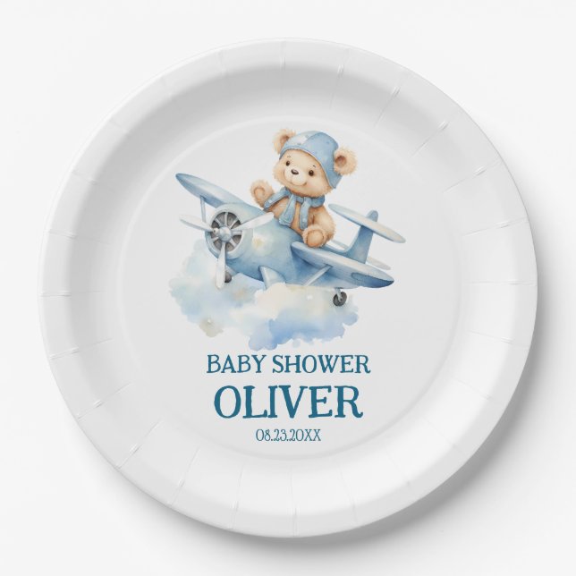 Assiettes En Carton Coupe Bear Blue Plane Time Vol Un 1er anniversaire (Devant)
