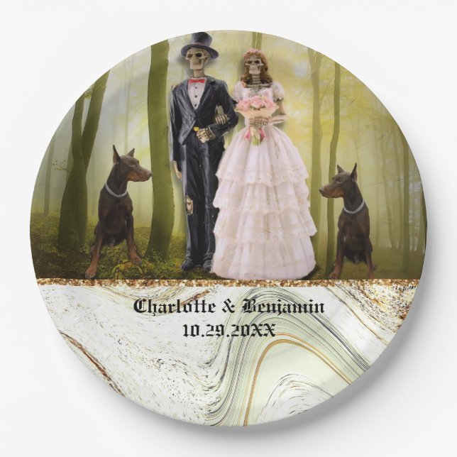 Assiettes En Carton Couple de squelettes d'Halloween Mariage gothique  (Devant)