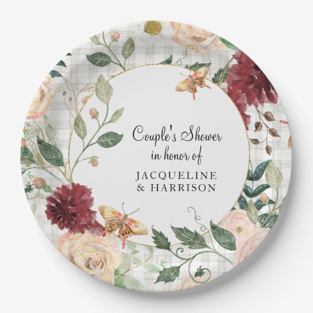 Assiettes En Carton Couples Fête des mariées Aquarelle Floral Plaid Gr (Devant)