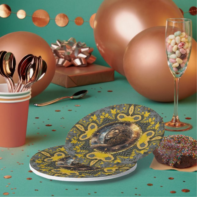 Assiettes En Carton Courageux Leo Zodiac or Jaune Fractal Mandala (Multi)