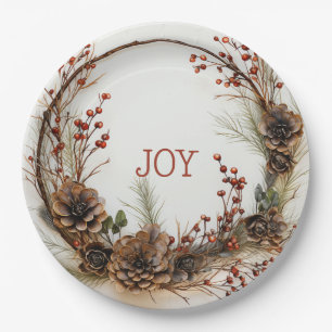 Assiettes En Carton Couronne de brindilles de Joie de Noël Cônes de pi