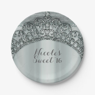 Assiettes En Carton Couronne de Diadème Argenté & Fête Bling Diamant