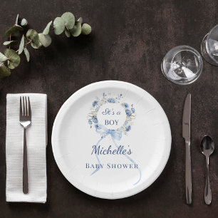 Assiettes En Carton Couronne de fleurs bleue pour garçon Baby Shower 