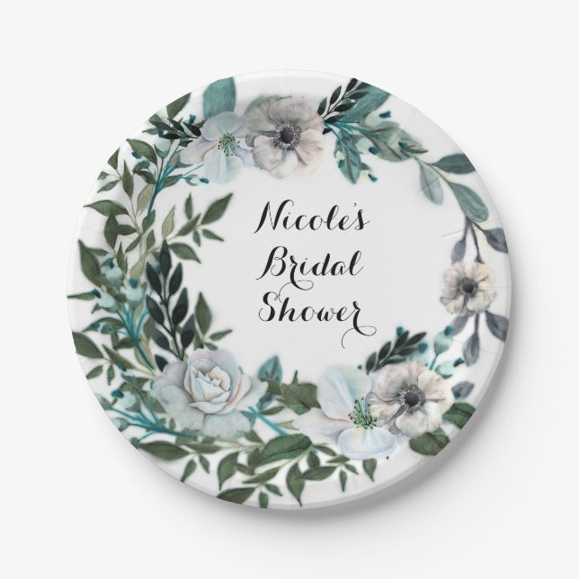 Assiettes En Carton Couronne de fleurs botaniques florales blanches (Devant)