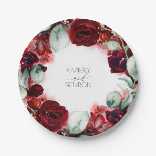 Assiettes En Carton Couronne de fleurs rouge Bourgogne pour mariage