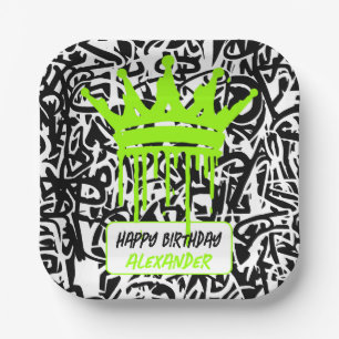 Assiettes En Carton Couronne de graffiti noir vert Joyeux Anniversaire
