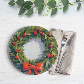 Assiettes En Carton Couronne de Noël Fête Peinte