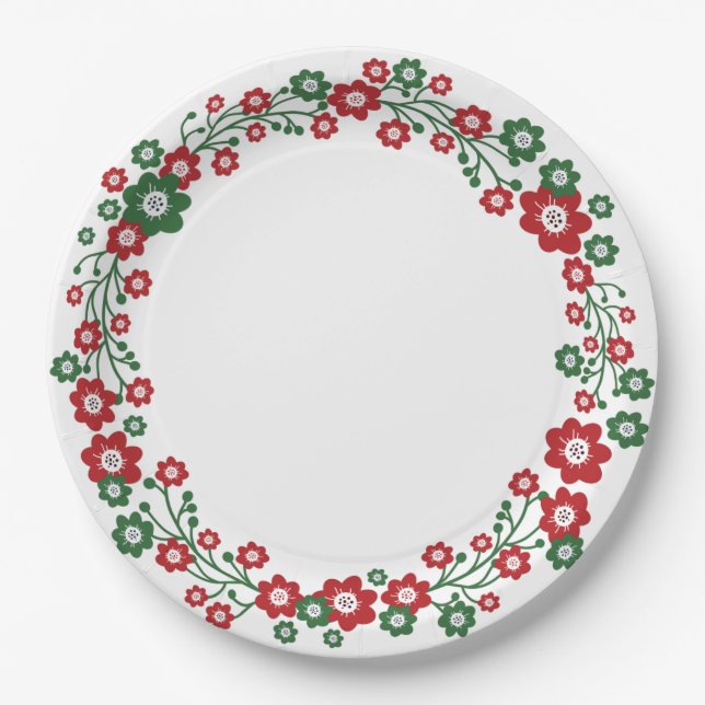 Assiettes En Carton Couronne de Noël florale scandinave (Devant)