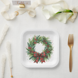 Assiettes En Carton Couronne de Noël Holly & carreaux de Noël