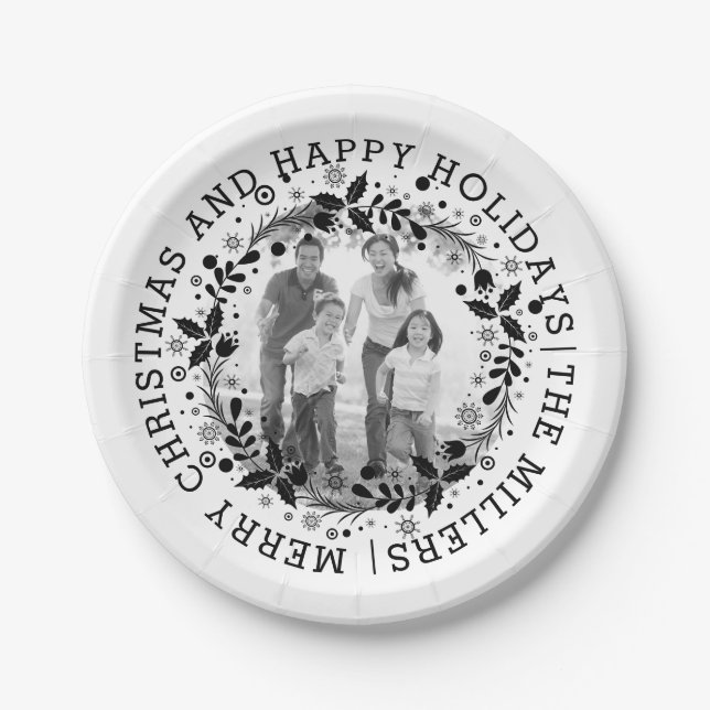 Assiettes En Carton Couronne de Noël noir et blanc et photo (Devant)