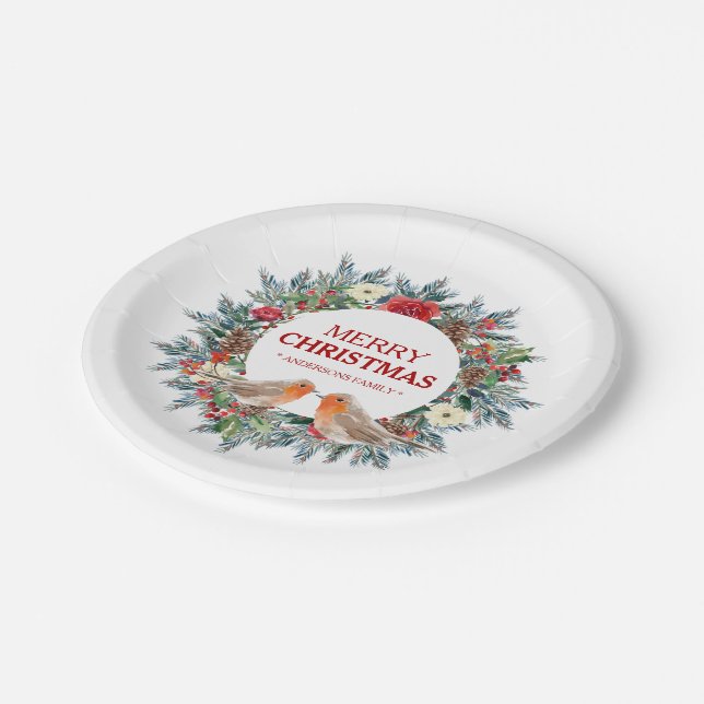 Assiettes En Carton Couronne de Noël, Robin des oiseaux Joyeux texte d (Angle)