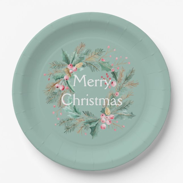 Assiettes En Carton Couronne de Noël rose vert (Devant)