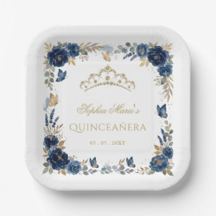 Assiettes En Carton Couronne de Quinceañera Papillon Floral Navy Or