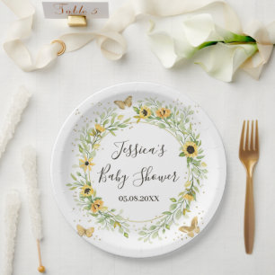 Assiettes En Carton Couronne de tournesols avec jolies papillons Baby 