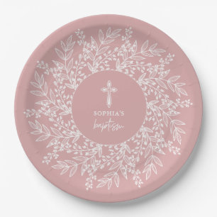 Assiettes En Carton Couronne élégante et croix Baptême fille rose