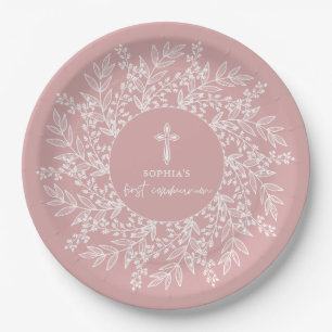 Assiettes En Carton Couronne et croix élégantes Première communion fil