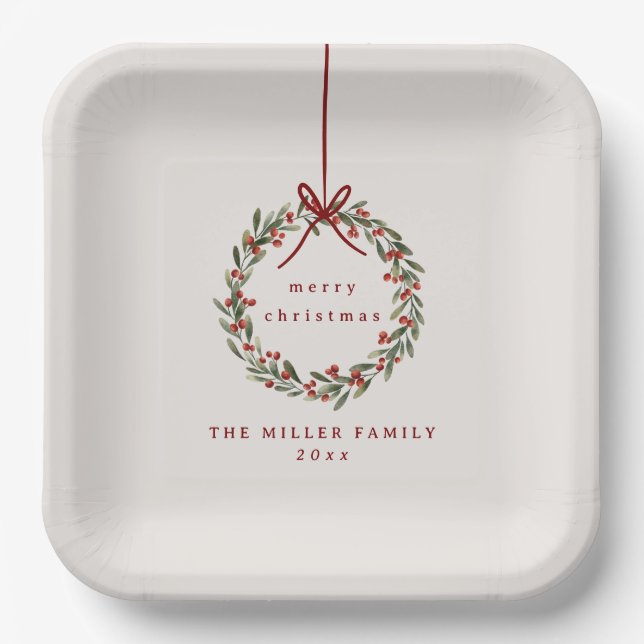 Assiettes En Carton Couronne feuillage de Noël avec arc rouge (Recto)