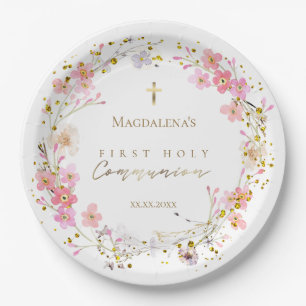 Assiettes En Carton couronne fleurie Première communion sainte