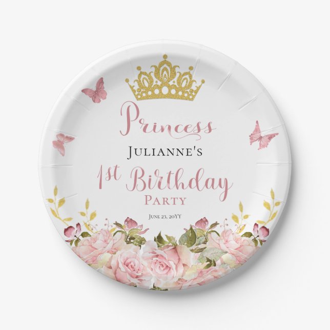 Assiettes En Carton Couronne | Papillons Floral Princess 1er anniversa (Devant)