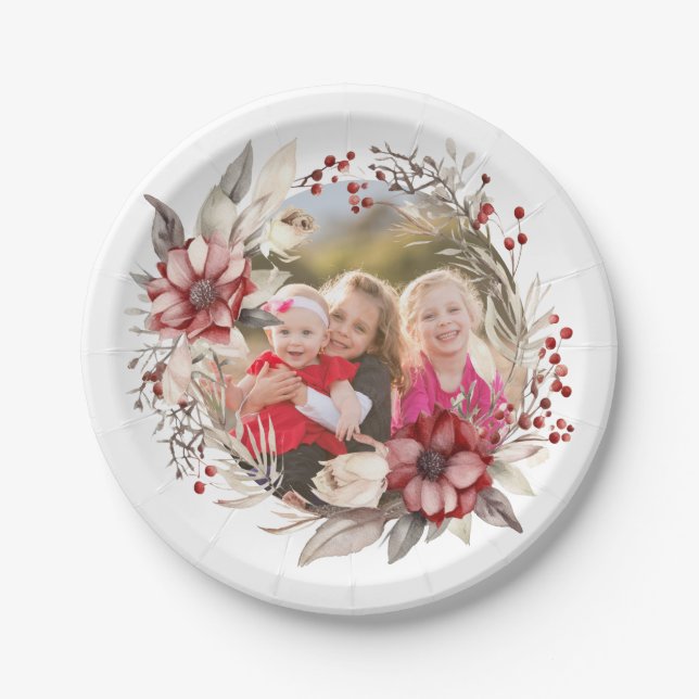 Assiettes En Carton Couronnes de Noël, fleurs rouges et baies (Devant)