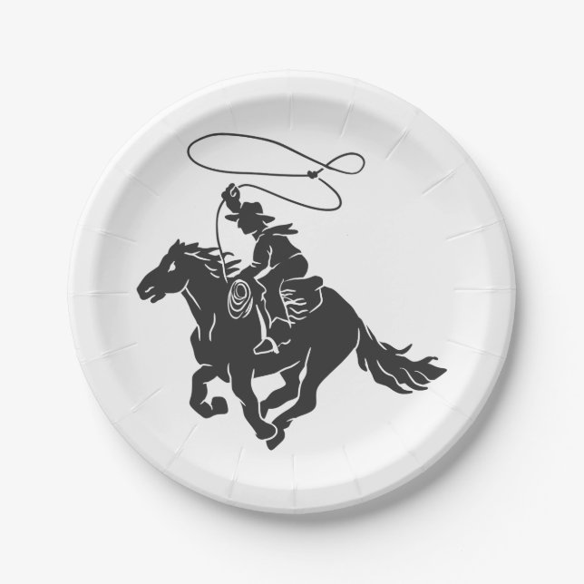 Assiettes En Carton Cowboy à cheval bourré courant avec lasso (Devant)
