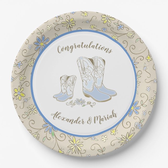 Assiettes En Carton Cowboy Baby shower Pays Western Blue Boy (Devant)