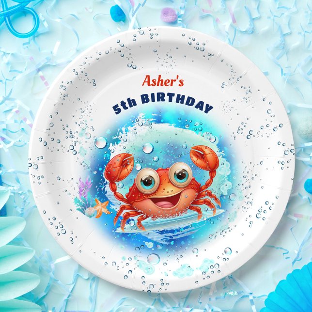Assiettes En Carton Crabe Anniversaire de enfant Pool Party Boy été (Crab Pool Kids 1st Birthday Party Boy Custom Age Paper Plates)