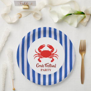 Assiettes En Carton Crabe rouge Fruits de mer Nautique Bleu marine Fêt