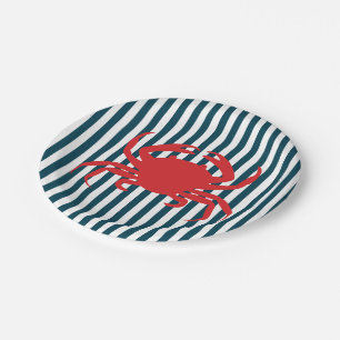 Assiettes En Carton Crabe rouge sur les rayures nautiques