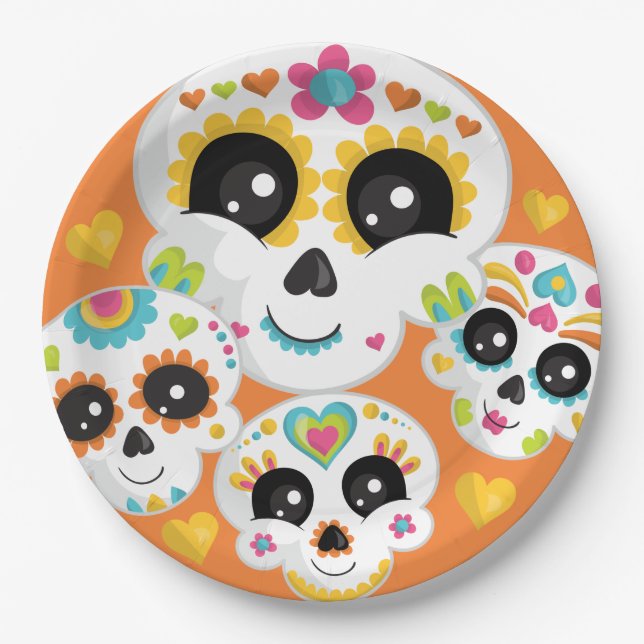 Assiettes En Carton Crâne à sucre Dia de La Muerte Halloween Anniversa (Devant)