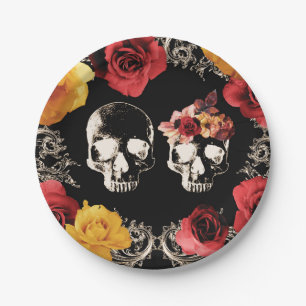 Assiettes En Carton Crâne de squelette rouge jaune automne floral mari
