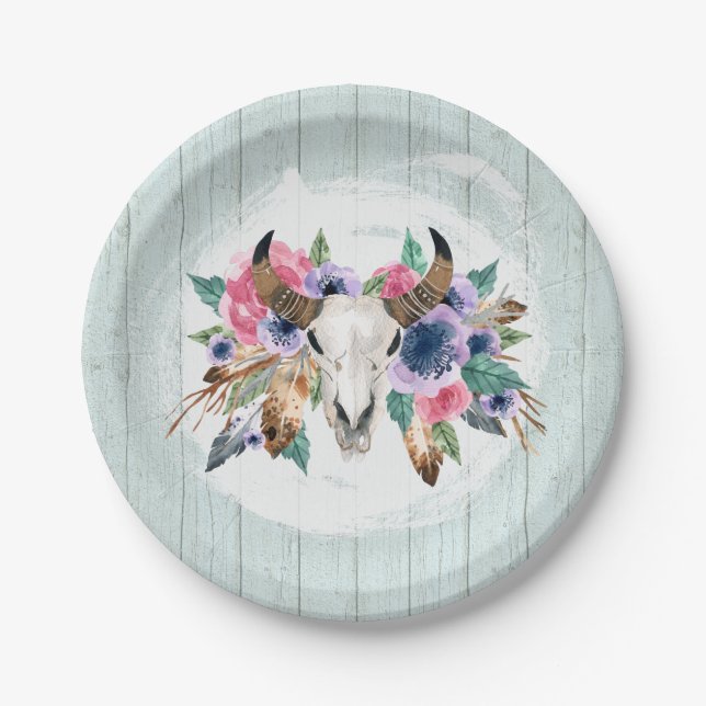 Assiettes En Carton Crâne de vache à fleurs rustiques aquarelle mariag (Devant)