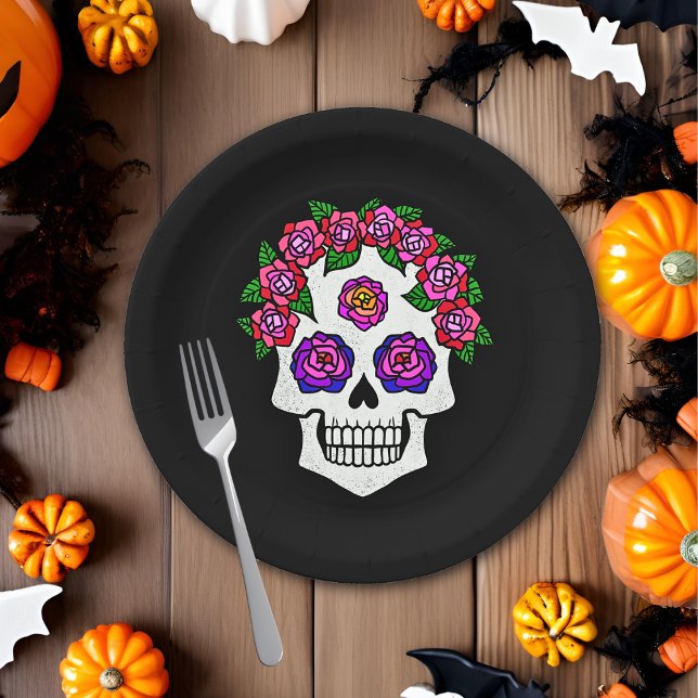 Assiettes En Carton Crâne d'Halloween avec Roses (Créateur téléchargé)