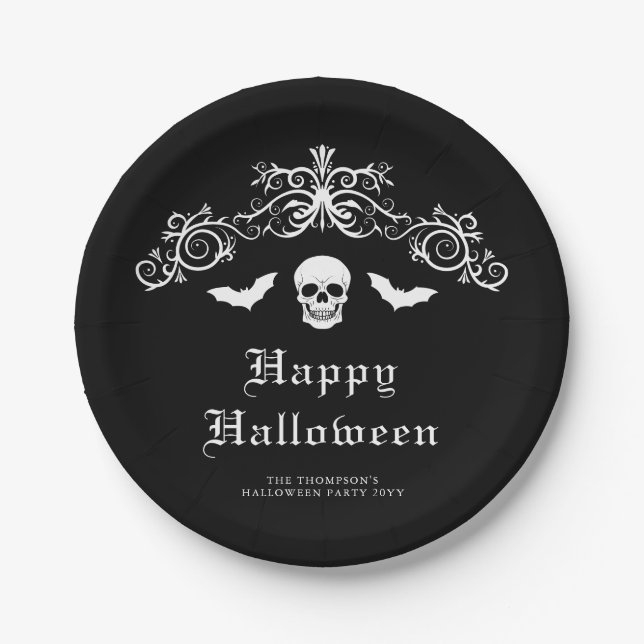 Assiettes En Carton Crâne et chauves-souris Gothique Joyeux Halloween  (Devant)