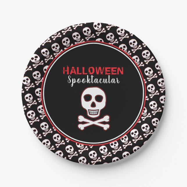 Assiettes En Carton Crâne et os, fête d'Halloween rouge (Devant)
