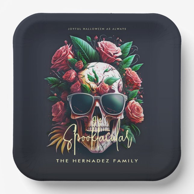 Assiettes En Carton Crâne floral Faboolous Spooktacular Nom de famille (Recto)