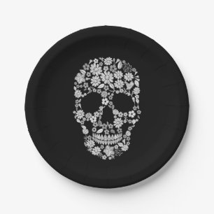 Assiettes En Carton Crâne floral noir blanc Halloween Plaque papier