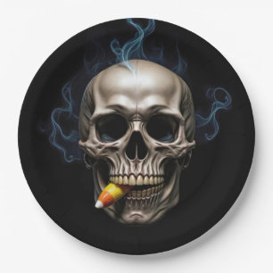 Assiettes En Carton Crâne fumant Halloween mordant le maïs de bonbon