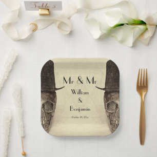 Assiettes En Carton Crâne Gay M. Et M. Vintage Retro Sepia Mariage