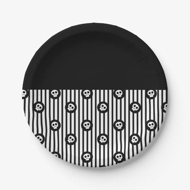Assiettes En Carton Crâne lunaire Crâne noir et blanc Halloween (Devant)