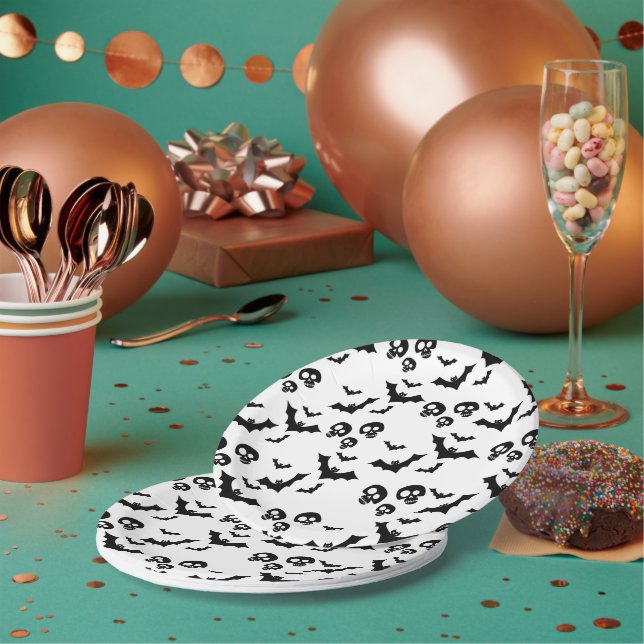 Assiettes En Carton crâne noir et chauves-souris (Multi)
