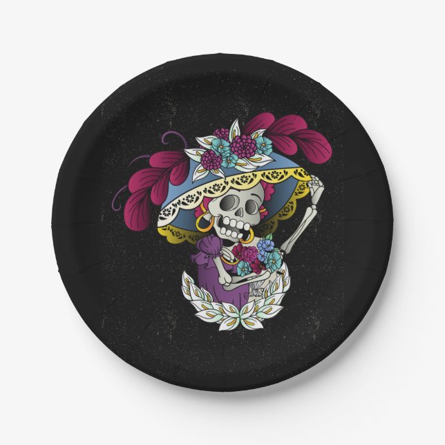 Assiettes En Carton Crâne vectorielle catrina mexicaine (Devant)
